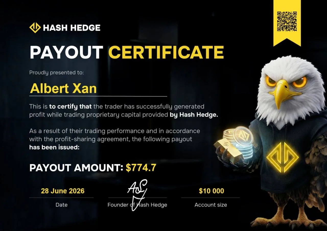 Hash Hedge payout certificate: $774.70, June 28, 2026, $10,000 account